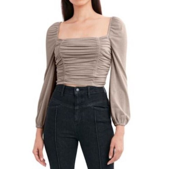 BCBGeneration Ruched Blouson Top Blouse Long Sleeve Shimmer Champagne NEW Small - Picture 1 of 4
